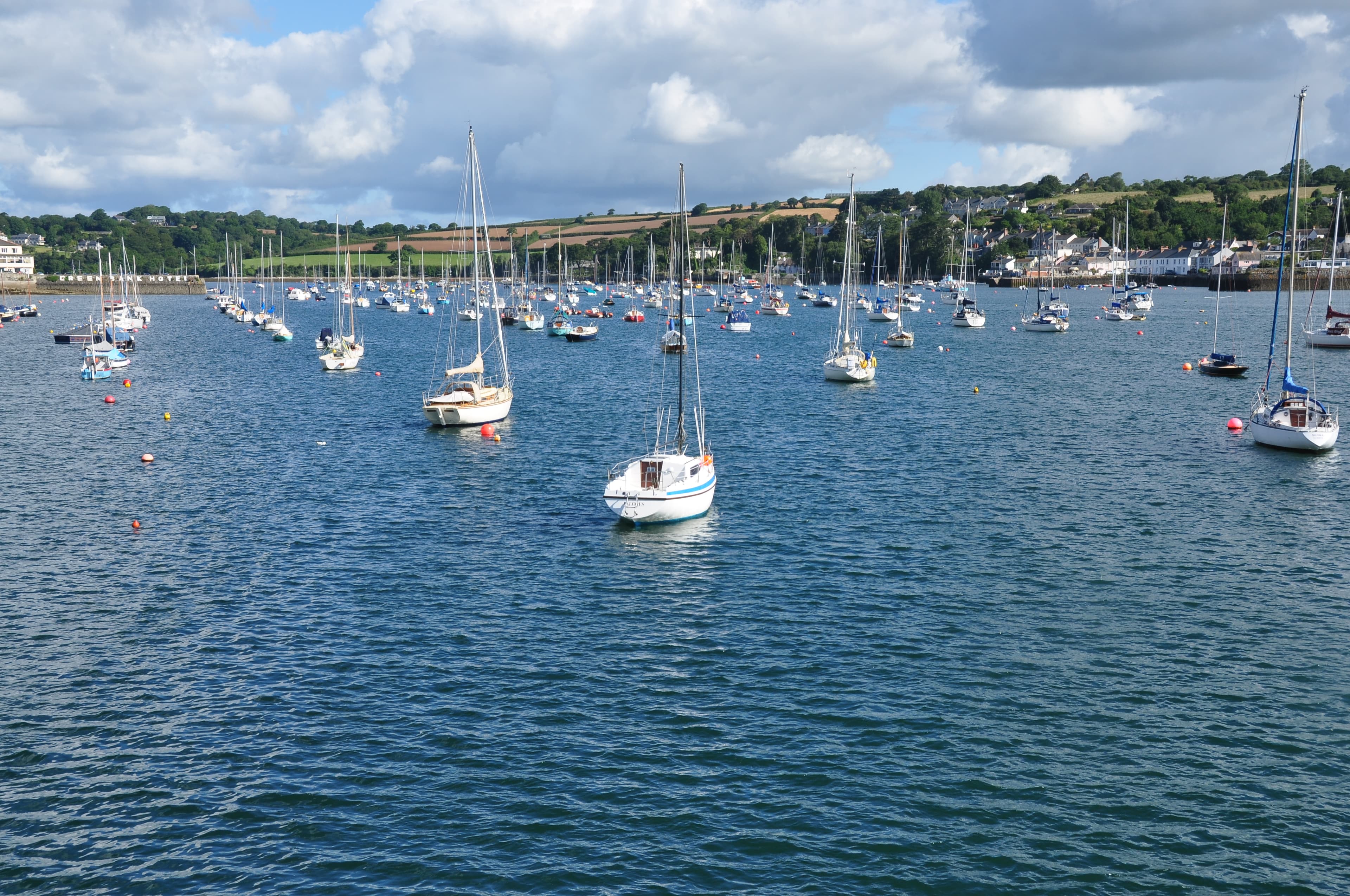 Yachts on moorings in Falmouth inner harbour