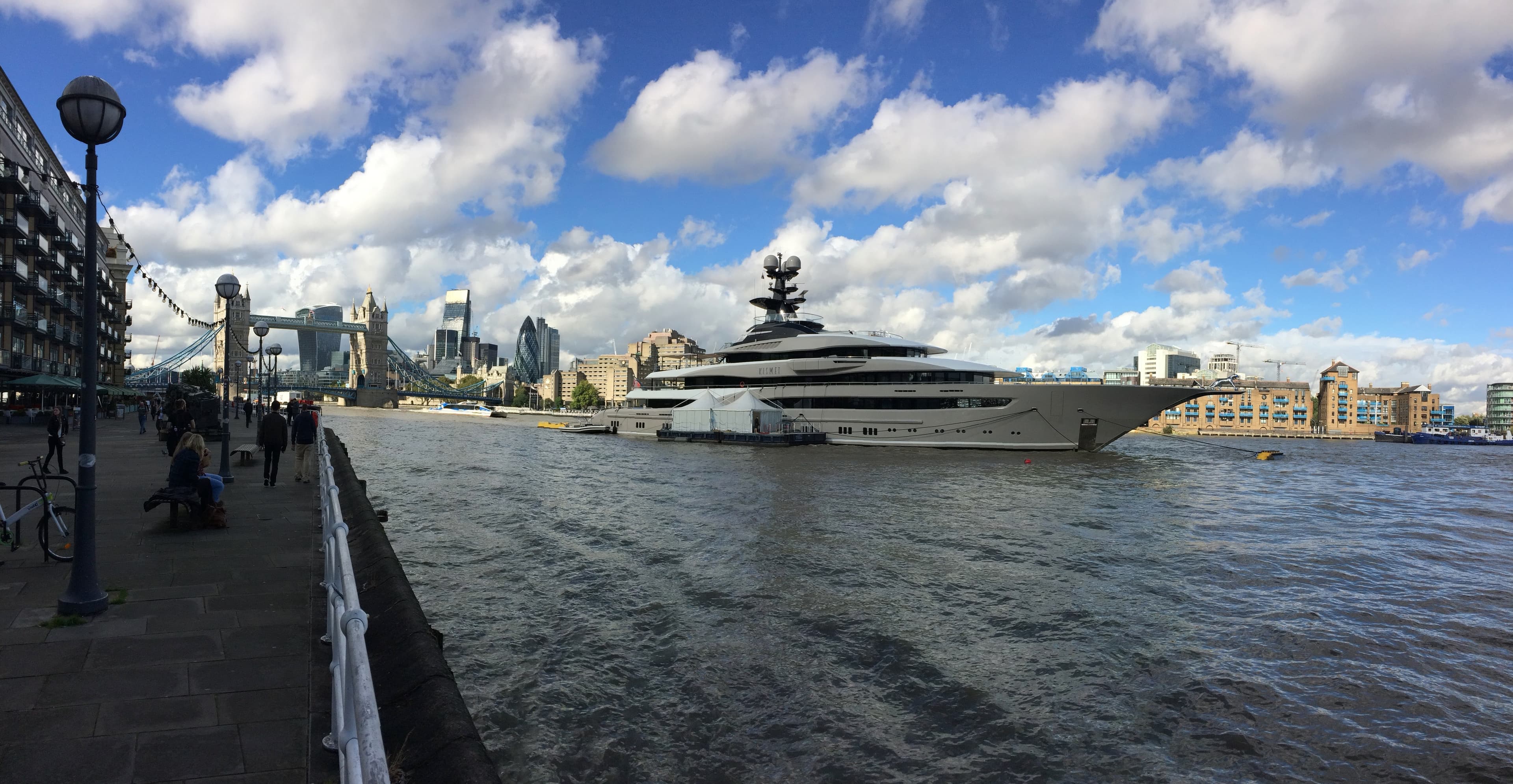 A superyacht moored by Tower Bridge