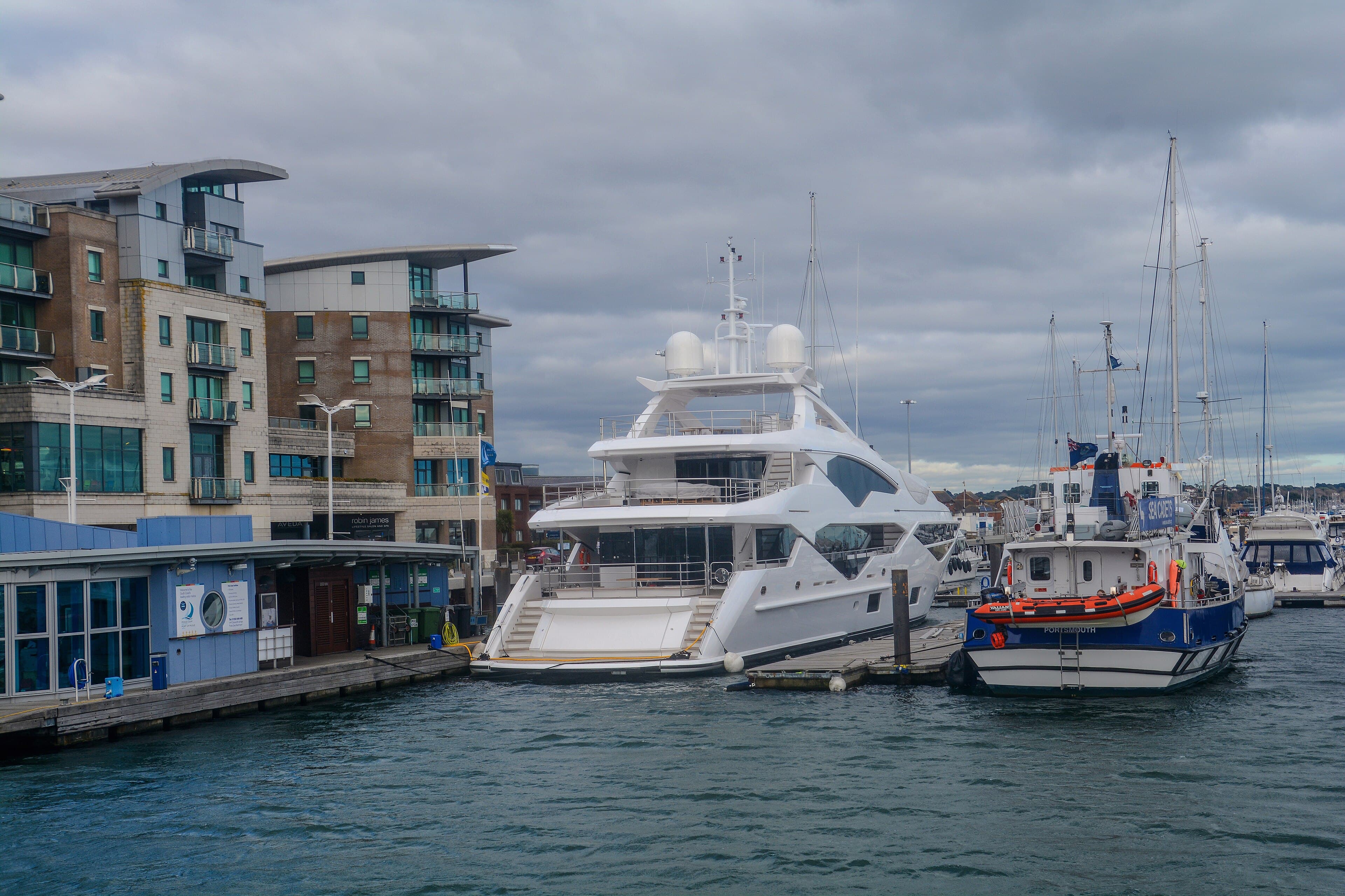 A superyacht in the Poole Quay Boat Haven