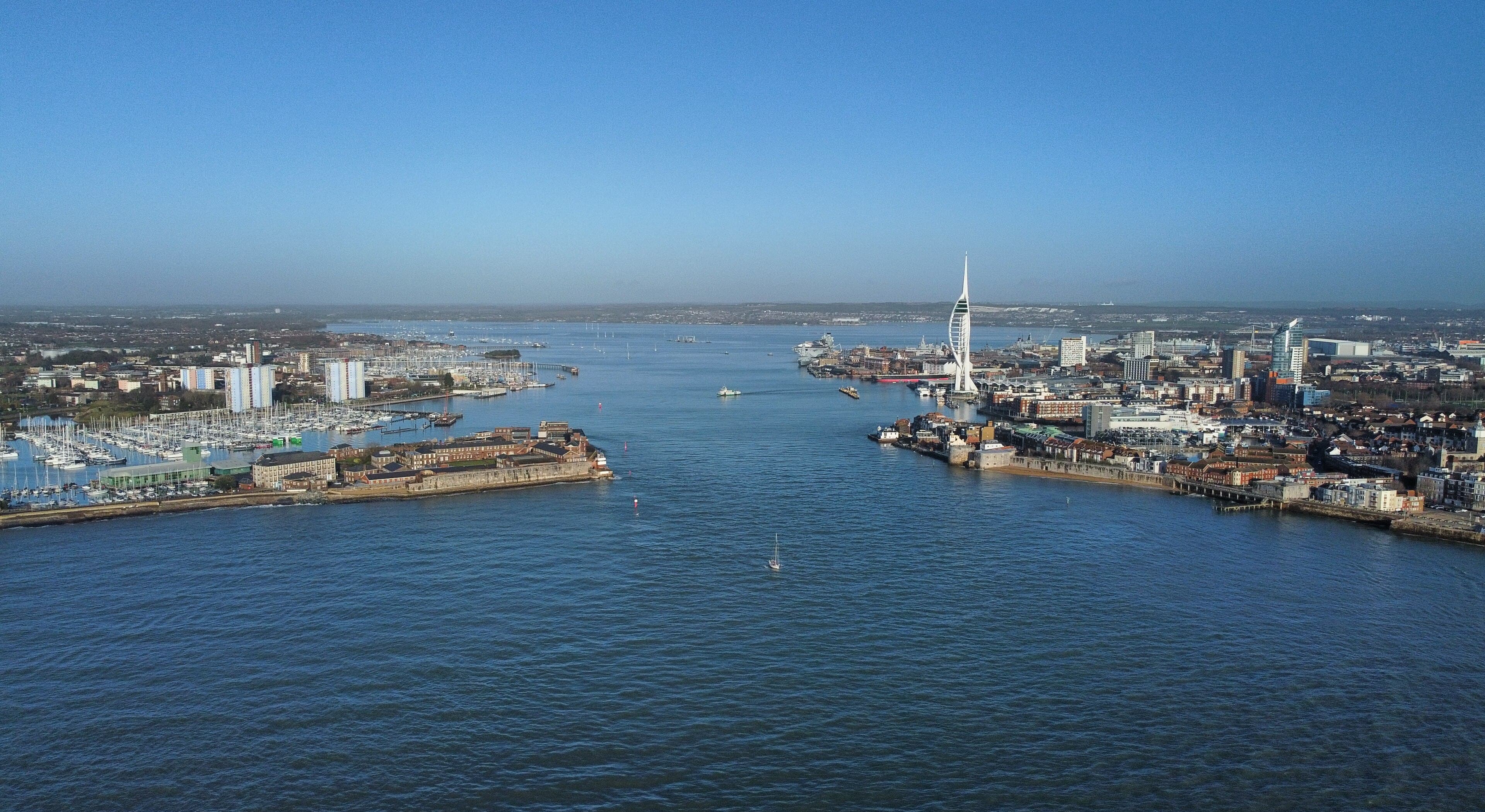 The entrance to Portsmouth Harbour from above, with Gosport to the left and the Spinnaker Tower beyond