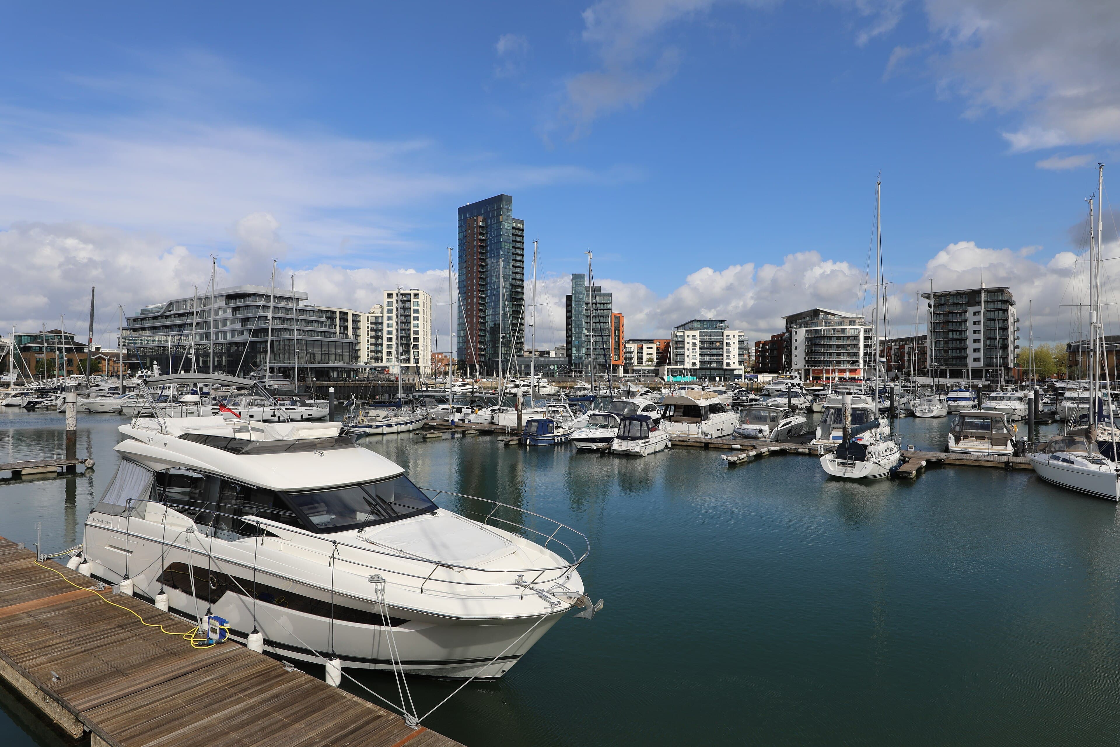 Ocean Village marina, Southampton, with the city beyond